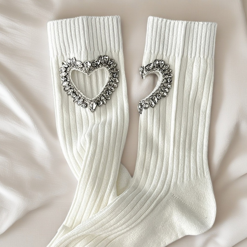 TEMU 1 Pair Of Light Luxury Decorative Rhinestone Hollow Heart Spring/summer Thin Mid-calf Women's Socks With Heavy