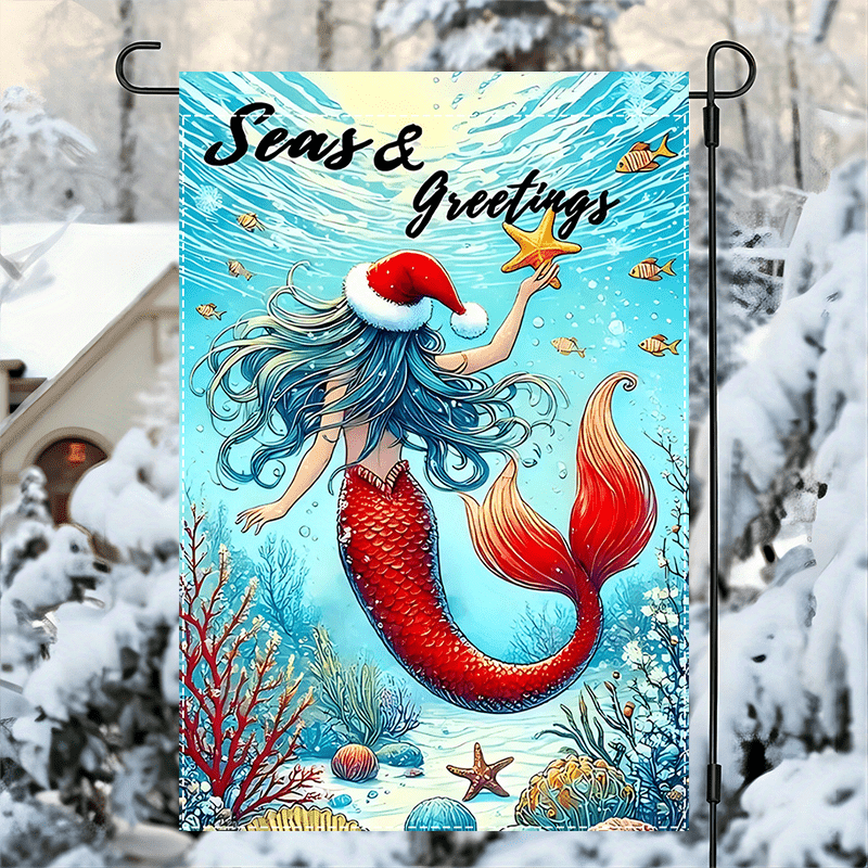 TEMU 2d Flat - 2d Flat - 1pc A Christmas Garden Flag Featuring A Mermaid And Starfish With An Ocean Theme - Double-sided, Made Of Durable Polyester,