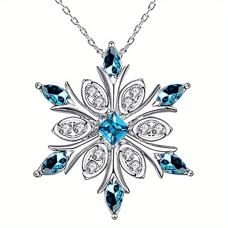 TEMU Exquisite Blue Synthetic Zirconia Snowflake Pendant Necklace For Women Daily Banquet Holiday Christmas Necklace Jewelry Gifts