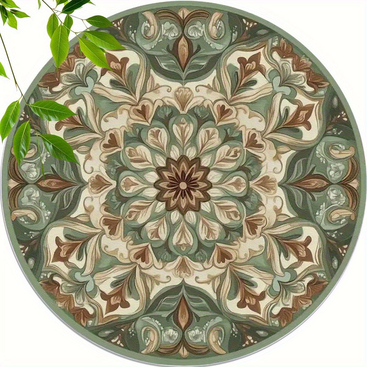E-shop 6er-Set runde Holzuntersetzer, grünes böhmisches Mandala, 2D flach, für heiße und kalte Getränke, Handwäsche, für Wohnkultur, Einzugsgeschenk,