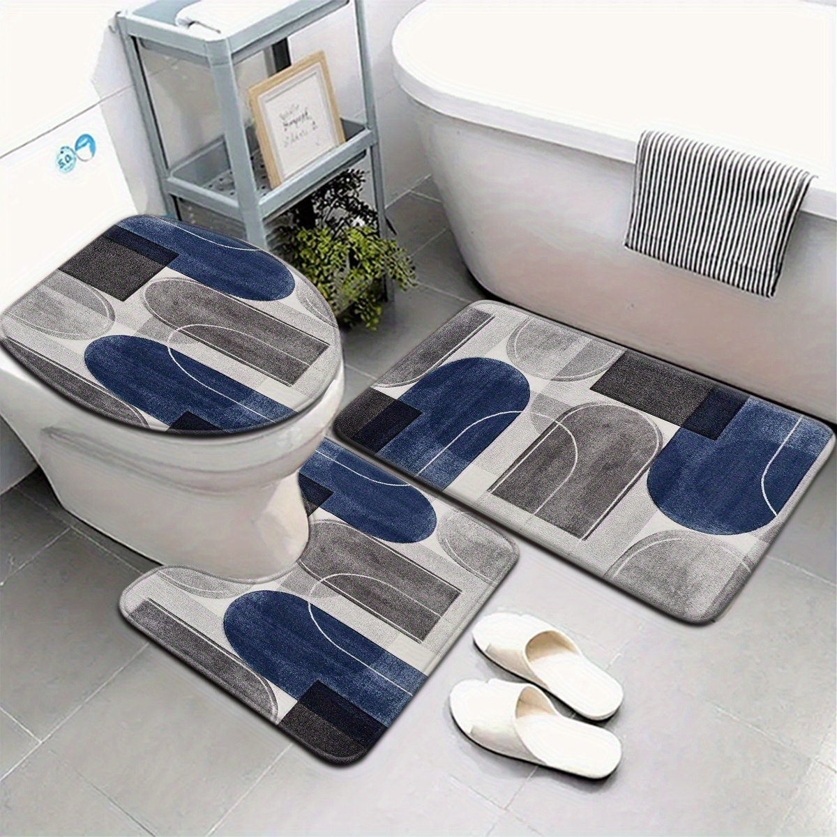 TEMU 3pcs/4pcs Artistic Irregular Geometric Pattern Bathroom Mat Set With Toilet Lid Cover And U-shaped Foot Pad