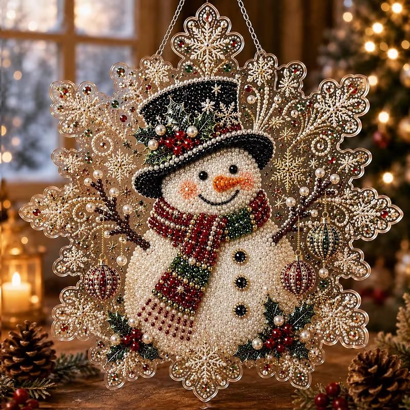 TEMU 2d Flat, 2d 1 Snowman Acrylic Hanging Decoration - Retro Snowflake Frame Wall/door Decoration With Chain, Suitable For Christmas, Winter Window