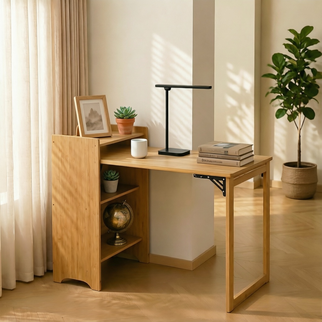 Bamboo Folding Desk for Small Spaces with Storage, Foldable Mid Century Modern Drop Leaf Desk, Vintage Fold Out Hideaway Small Desks for Bedroom Or Home Office