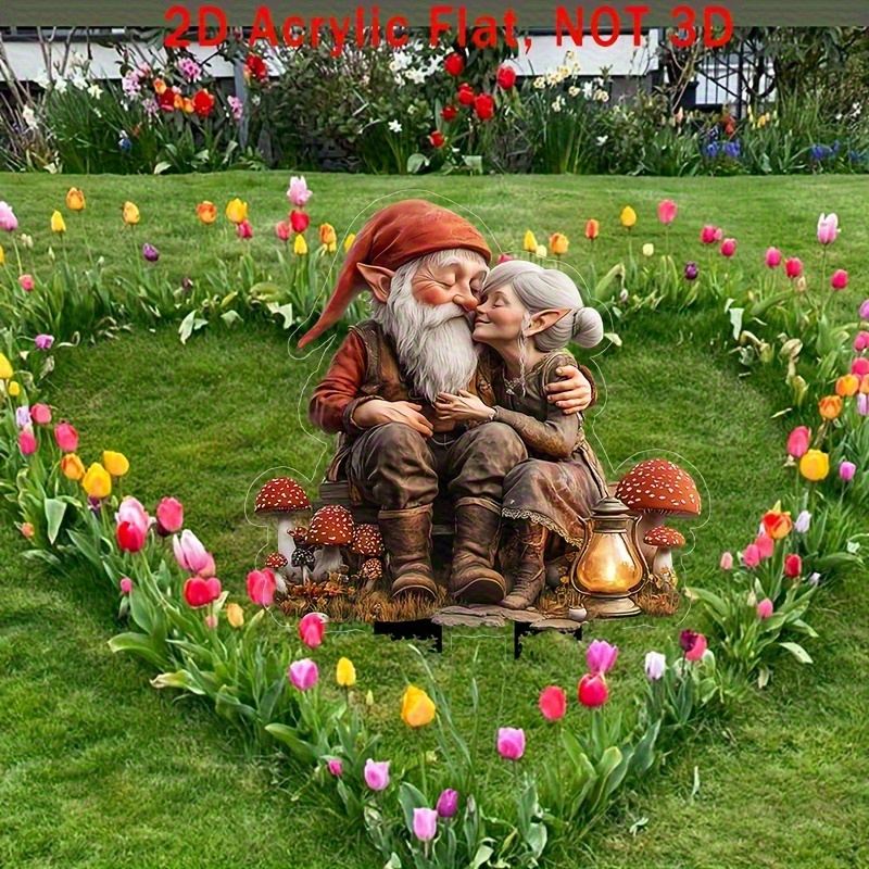 E-shop Flaches 2D-Gartenskulptur von Wetterfestem Vinyl mit Fantasiegnom-Paar in Rotem Hut und Blauen Hosen für Blumentöpfe, Rasen & Garten -