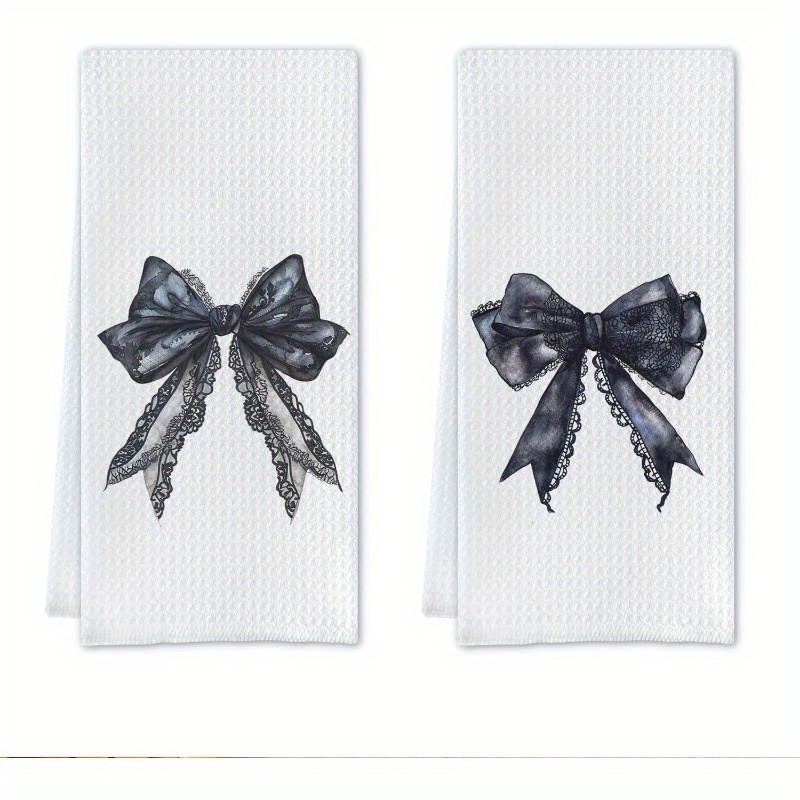 

2pcs Polyester Kitchen Towels With Black Coquette Bow - Lace Dish & Tea Towels For Cooking, Baking, And Decorating - Machine Washable, Contemporary Cartoon Design, For Spring