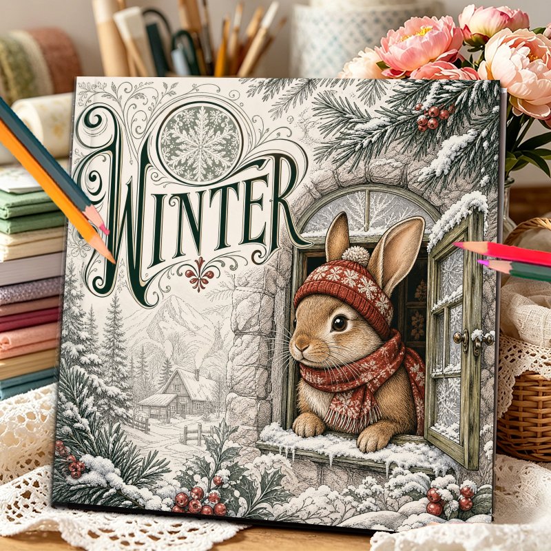 TEMU Livre de coloriage Yao CMD Lapin animal d'hiver, pages à colorier -stress et apaisantes, parfait pour les fêtes et d'anniversaire pour profiter