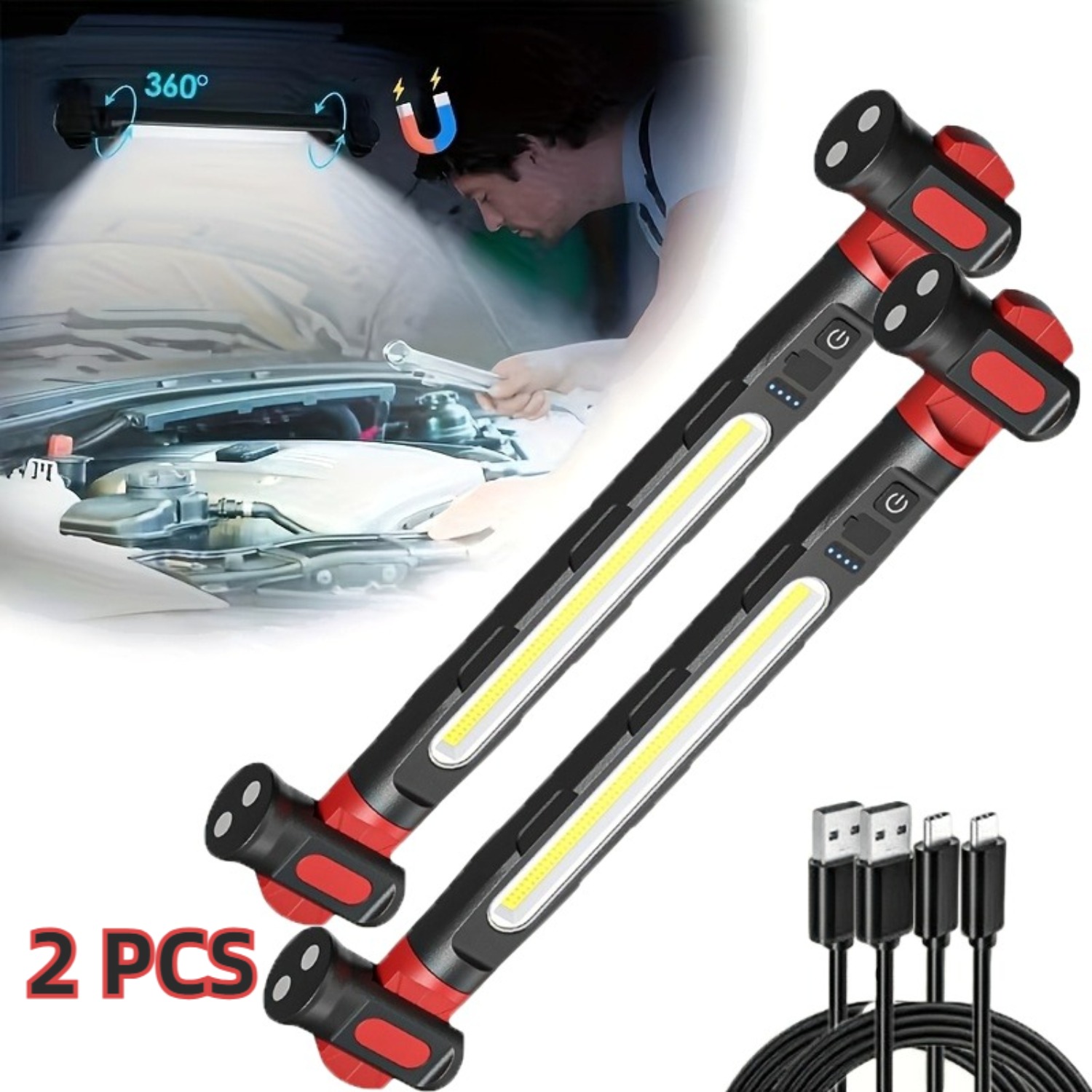 TEMU 2pcs Rechargeable Led Work Light Strip With Magnetic Base | , Portable Cordless Flashlight For Inspection, Workshop, And Emergency | Black And