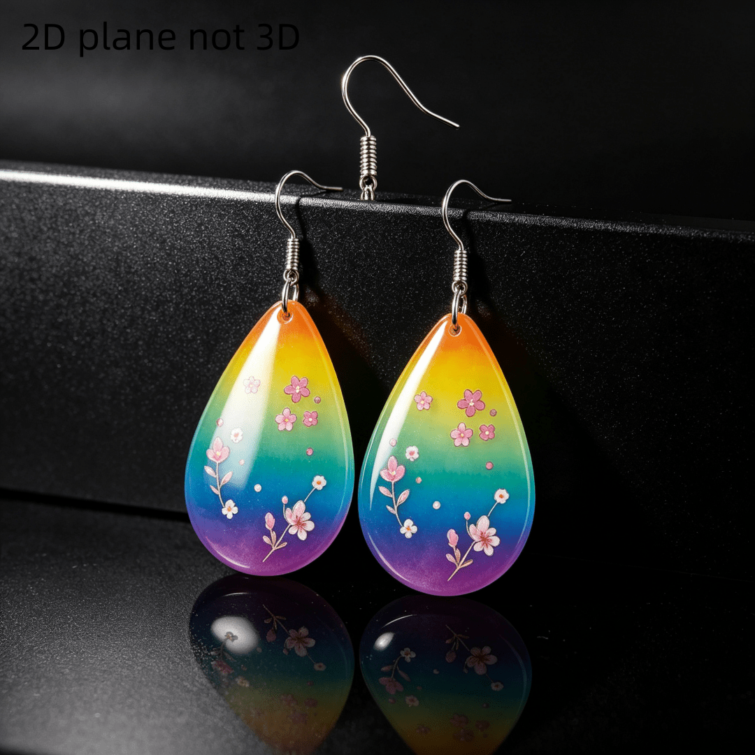 Rainbow Gradient Cherry Blossom Teardrop Dangle Earrings, Gift