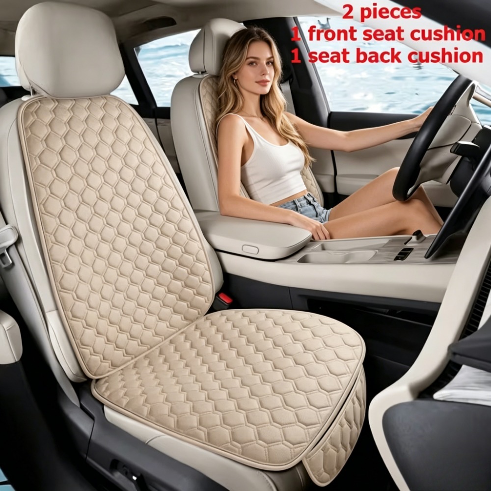 TEMU 2pcs (1 Front Seat Pad + 1 Front Backrest Pad) [front Single Seat] Linen Texture Car Seat, Light Luxury, Durable, Universal In , High-end Grade,