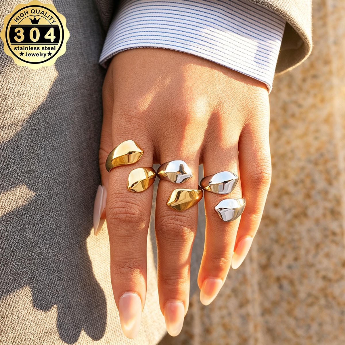 Women's Adjustable Open Geometric Ring, 18K Gold Plated