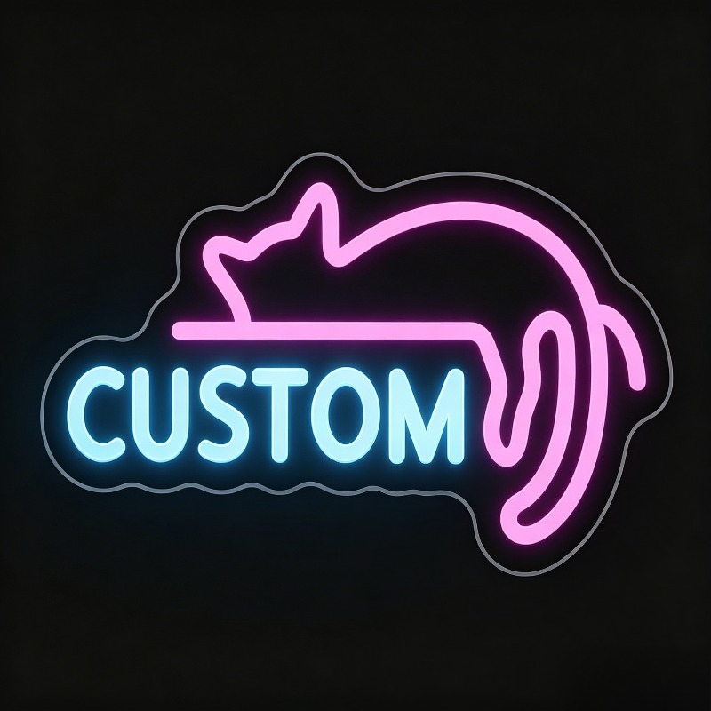 Custom Pink LED Neon Sign, Lazy Cat-Shaped, USB Powered