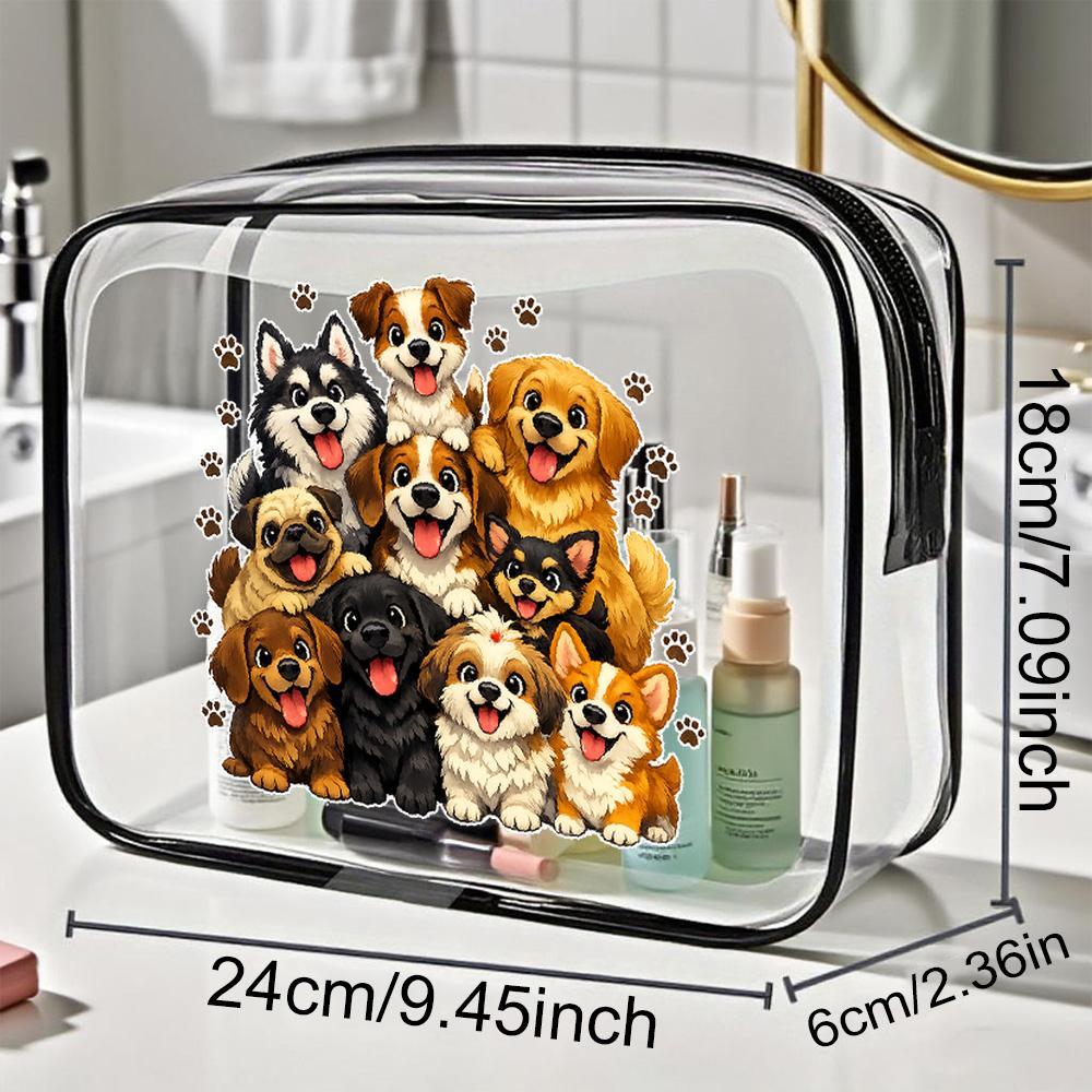 TEMU Clear Pvc Zippered Makeup Storage Bag Featuring Cartoon Puppies And , Designed In A Cute Kawaii Style. This Portable Cosmetic Organizer Is
