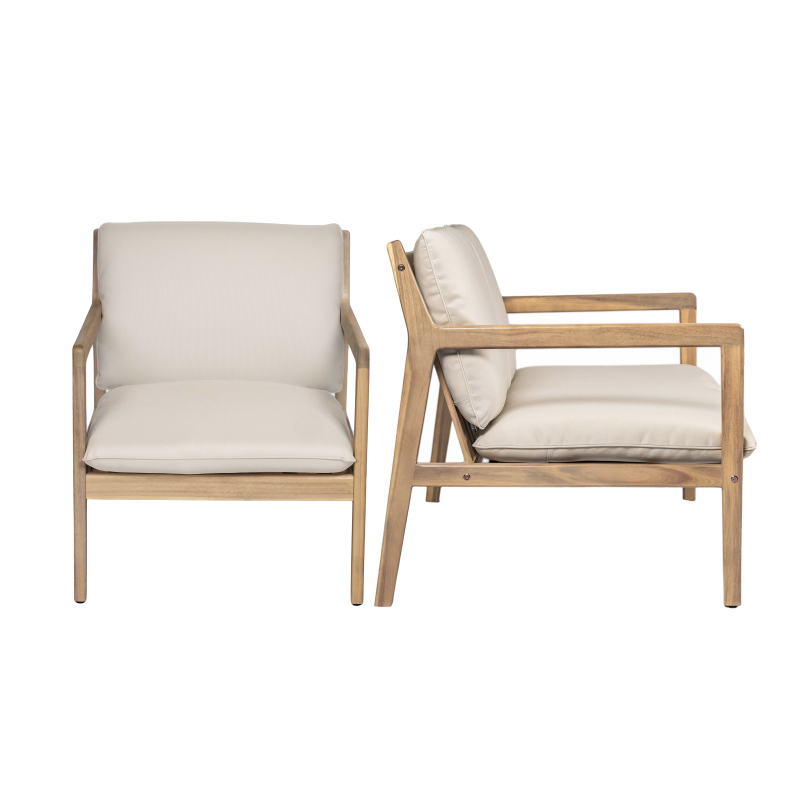 Set of 2 Acacia Wood Armchairs | Light Teak Patio Club Chairs with Painted Frame, PVC Material