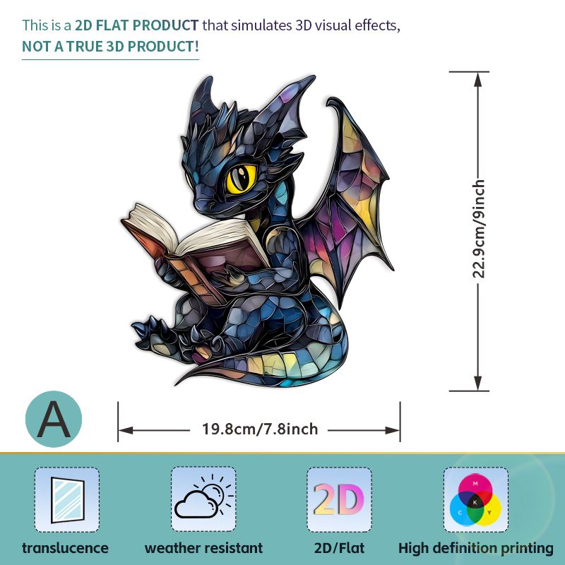 E-shop 2D Flat - 2D Flat - Fensteraufkleber für Zimmer, Weihnachtsgeschenke, ein niedlicher riesiger Drache, der ein Buch liest, ein schwarzer Drache