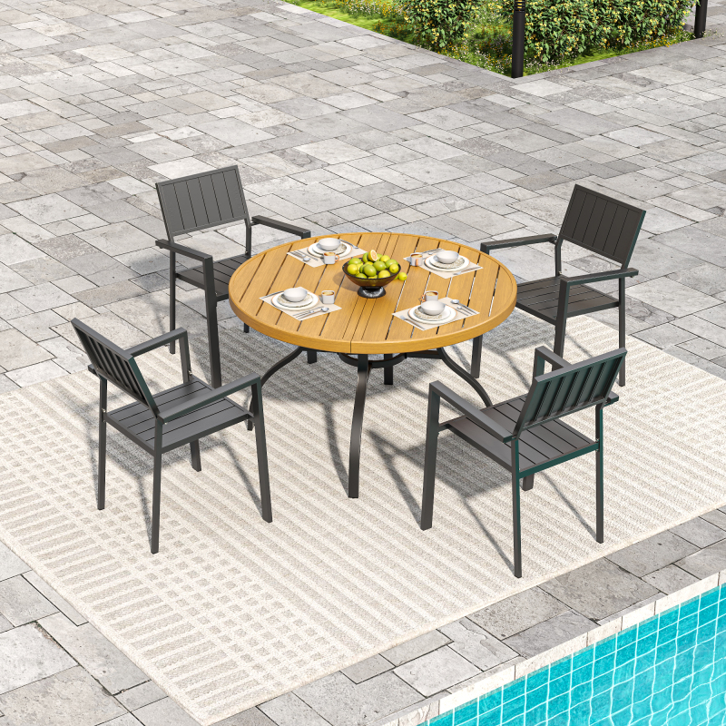 5pcs Outdoor Patio Dining Set, 47' Round Wood-Grain Slat Table W/ Umbrella Hole And 4 Stacking Metal Chairs 350 Lbs Capacity, Rustproof, Breathable Design, 30-Min Assembly, Patio, Garden, Balcony