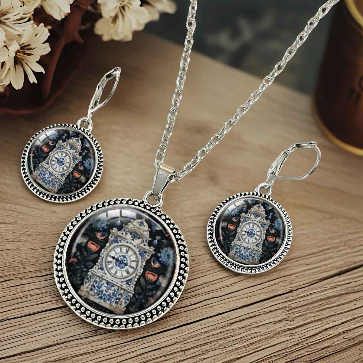 3pc Vintage Clock & Floral Design Earrings and Necklace Set