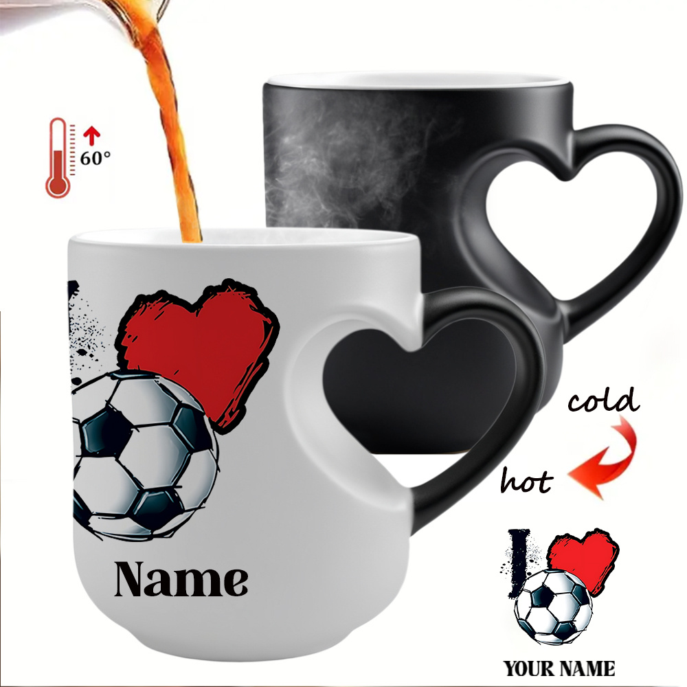 Image of 1pc Personalized Customized Color-changing Name Mug Ceramic Heart-shaped Handle Mug - Perfect Gift For Sports Lovers! Color-changing Design, Ideal For , Couples Gift, Hand Wash , Reusable