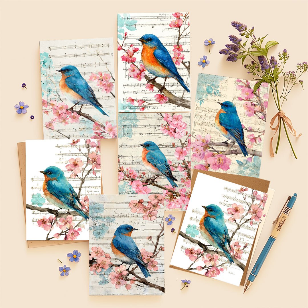 item picture 6 set 12 set blue bird pink flower and branch background sheet music pattern greeting card envelope set blank inner pages suitable for holidays parties and event invitations ideal holiday gift