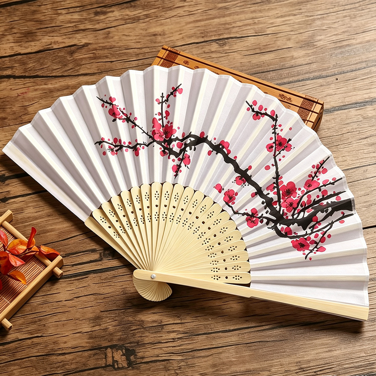TEMU 1pc Chinese Bamboo Folding Fan With Plum - Lightweight Vintage Handheld Cooling Fan Suitable For Women, Summer Accessory, Party Decoration,