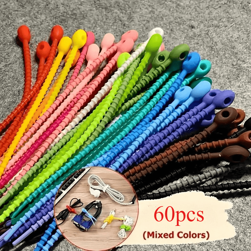 TEMU 60pcs Reusable Silicone Cable Ties - Flexible Adjustable Zip Ties, Assorted Colors. Suitable For Wire Management, Organization And Storage,