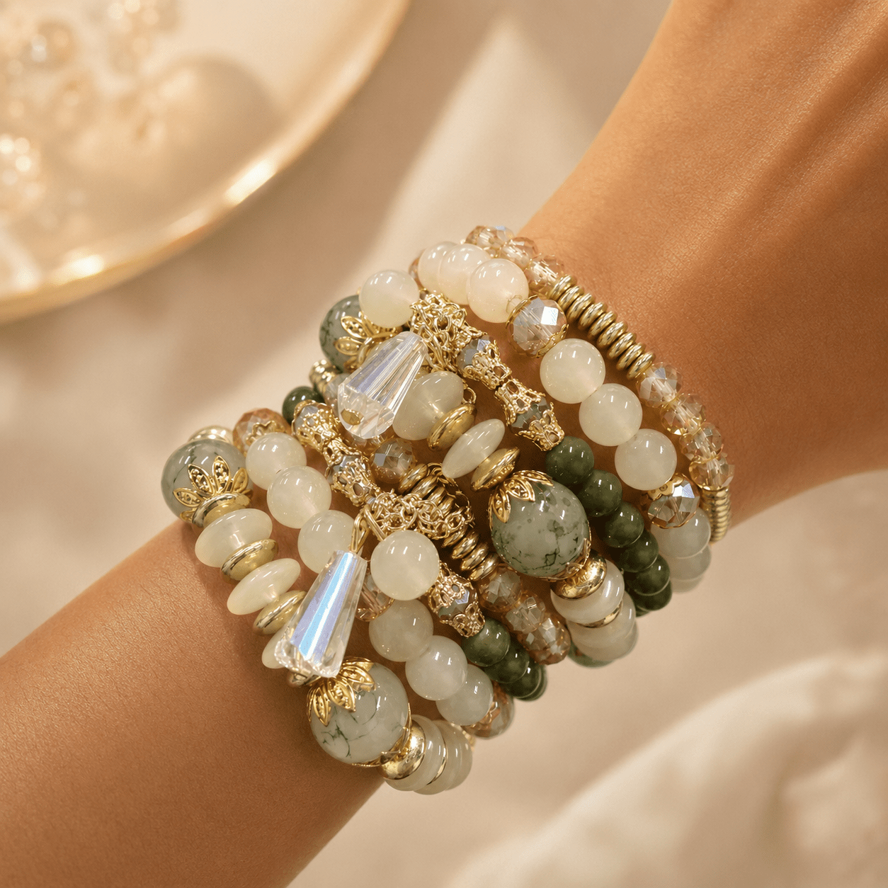 TEMU (random 8pcs Beads Multi-colors) Women's Bohemian Style Artificial Crystal Glass Bead Elastic Stackable Bracelet Set, Daily Vacation Party Wear,