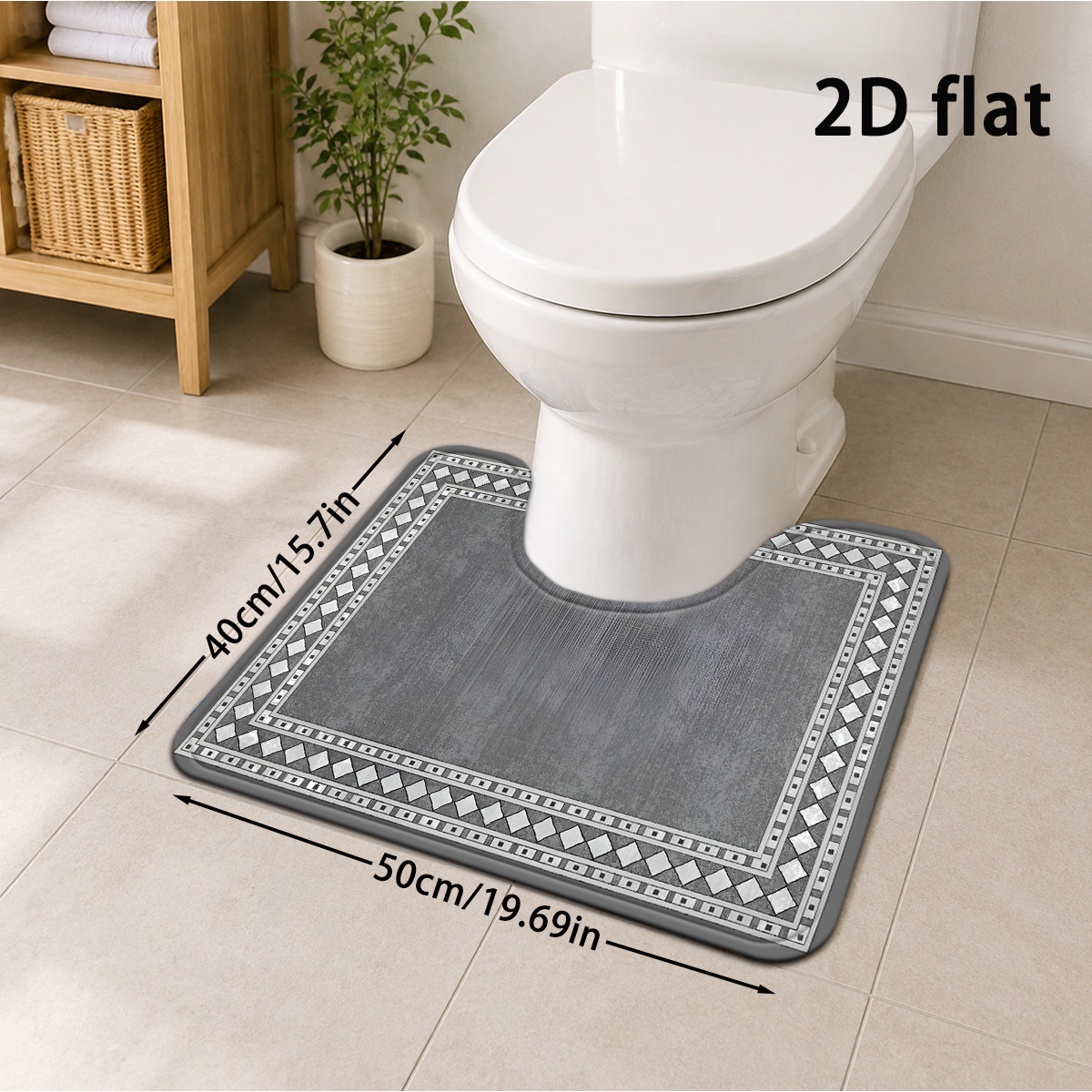 TEMU 2d Flat, 2d Flat 1pc Gray Geometric Border Pattern Bathroom Mat, Nordic Modern Holiday Floor Mat, U-shaped Toilet Mat, Soft Thickened Absorbent
