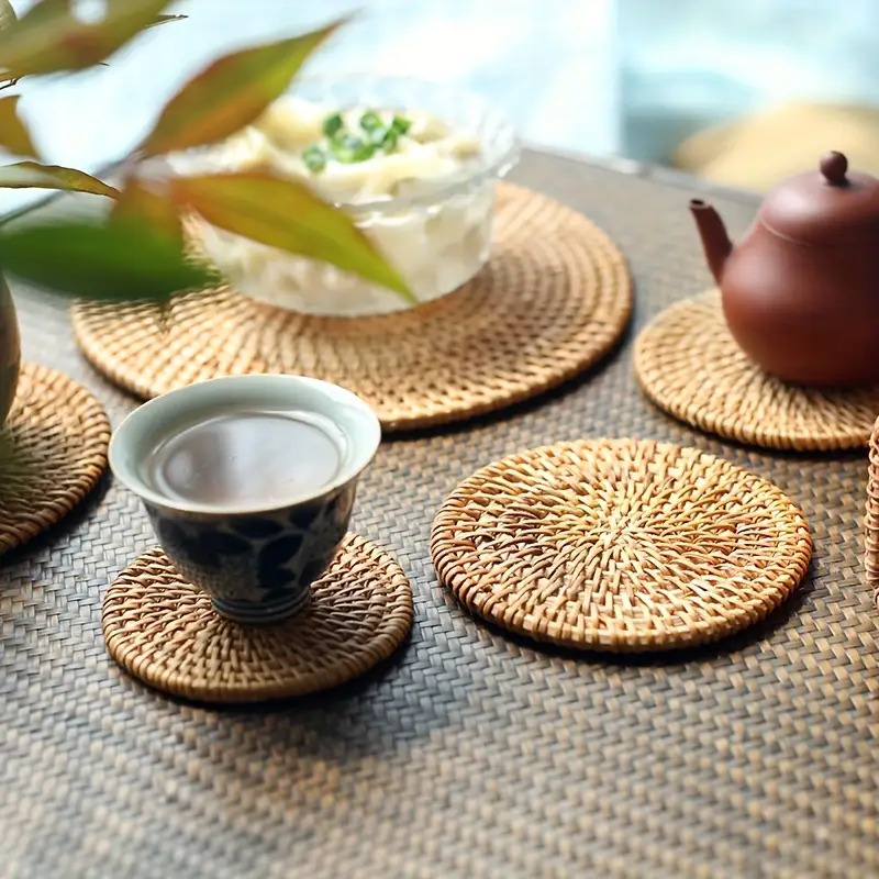 Set of 6 Handcrafted Rattan Coasters Plus 1 Woven Storage Accessory for Tea Sets, Designed for Gongfu Tea, Serving As an Insulation Pad And Heat-Resistant Kitchen Utensil Pad