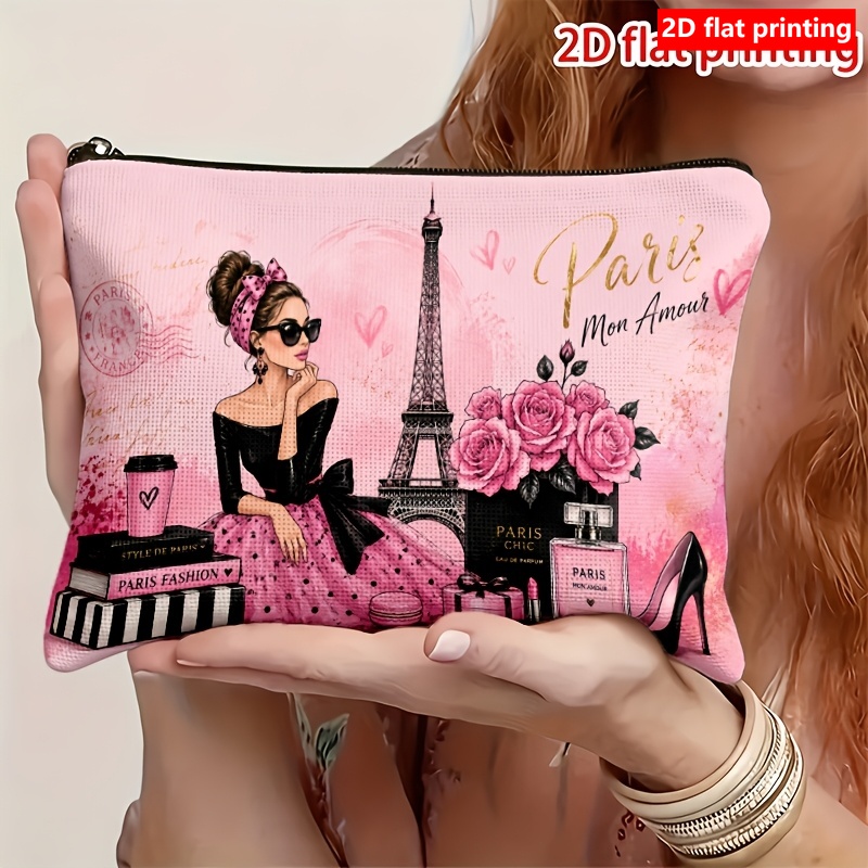 TEMU 2d Flat Printing 1pc Parisian Style Retro Gentleman Eiffel Tower Rose Text Slogan Face Print Makeup Bag, Multi- Storage Bag, Zipper Closure,