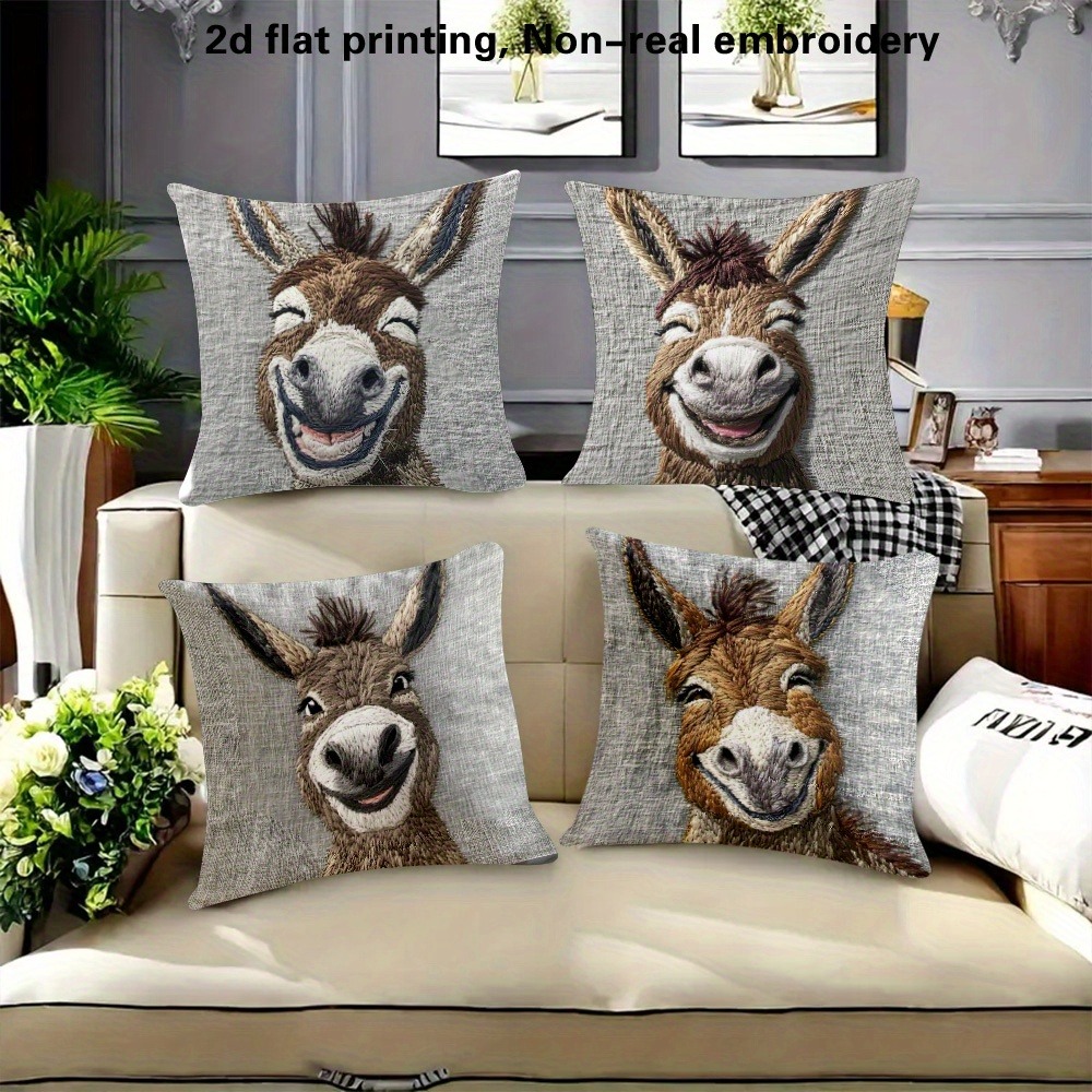 TEMU 4pcs Pillow Covers, 2d Flat Print Tropical Style Donkey Face With Eyes And Smile, Soft Gray Background, No Embroidery Fabric Cushion Covers,