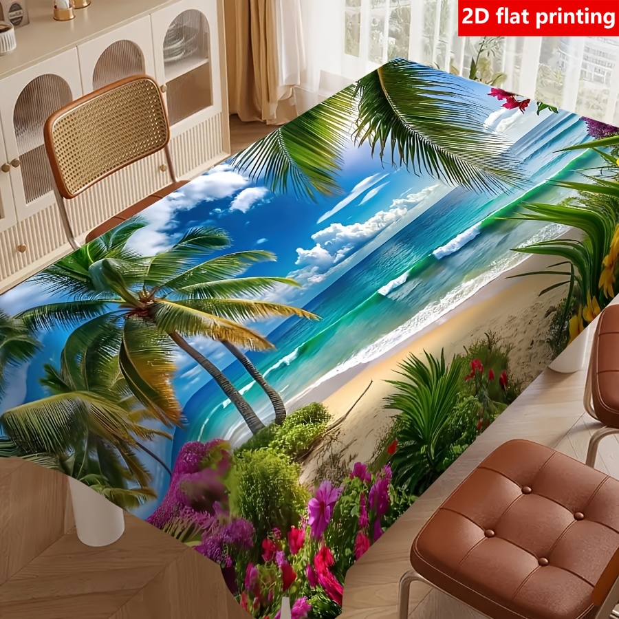 TEMU Impression 2D à plat, 1 pièce Nappe de style plage vintage multicolore, durable, Motif , de l'océan et floral, pour table à thé de salle à