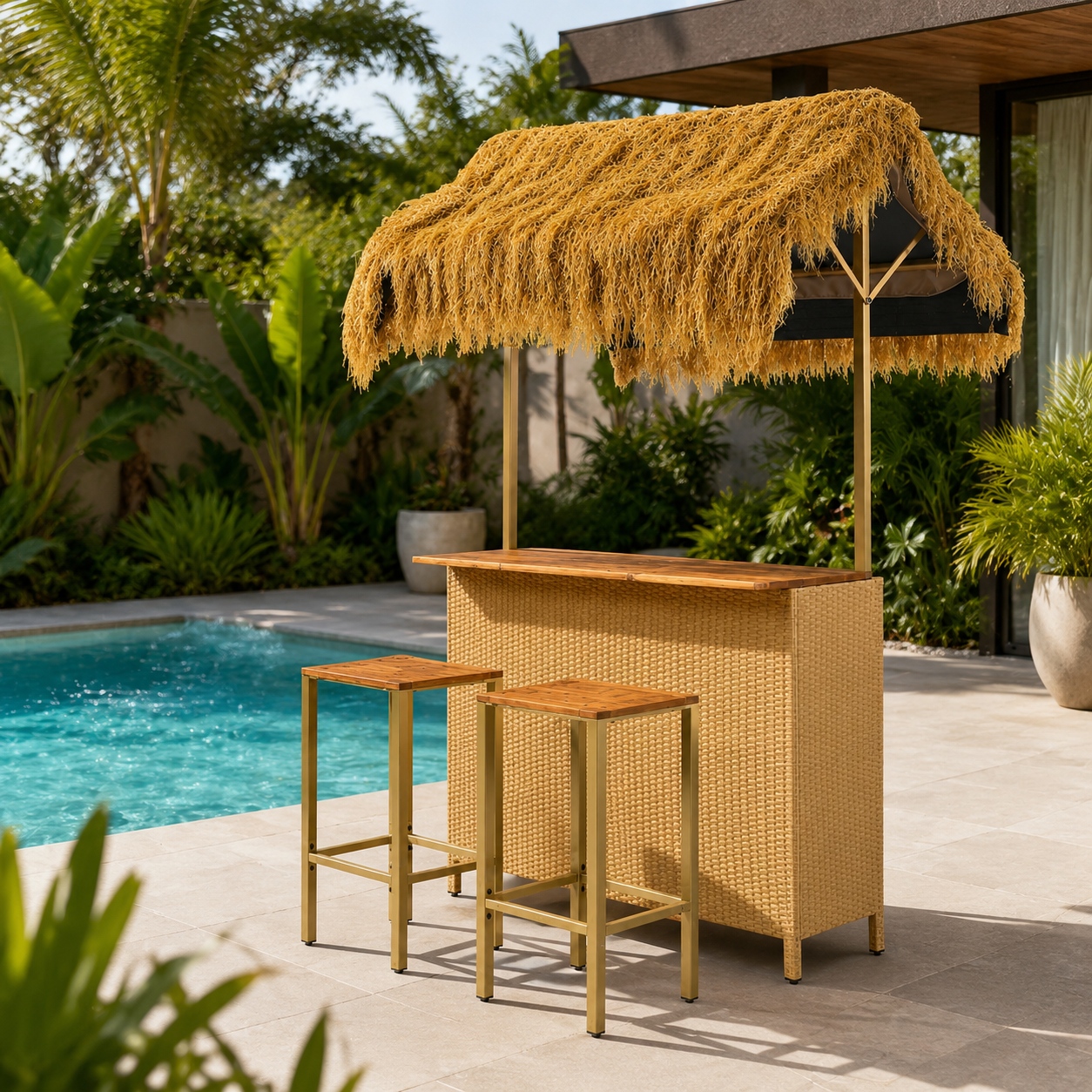 Outdoor Bar Set with Grass Canopy, 2-Seat Patio Bar Table And Stools, Bar Height Outdoor Dining Set, Adjustable Feet Design, Built-In Storage Space, Tiki Bar Furniture for Backyard Poolside Garden Deck Porch Balcony