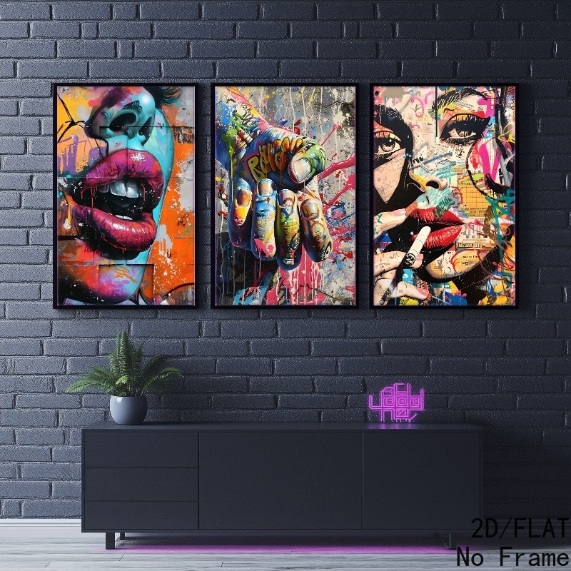 TEMU 2d Flat, 2d Flat, 3pcs 2d Flat Street Pop Art Decorative Canvas Paintings, Abstract Aesthetic Home Decor, Wall Art, Room Decoration,