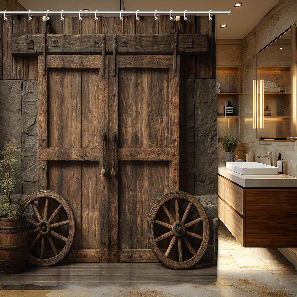 TEMU 1pièce Rideau de Douche Vintage de Porte de - Design de Ferme en Bois et Vieilli avec Roues en Bois, 12 Crochets, 70,87 x 70,87 Pouces en Tissu