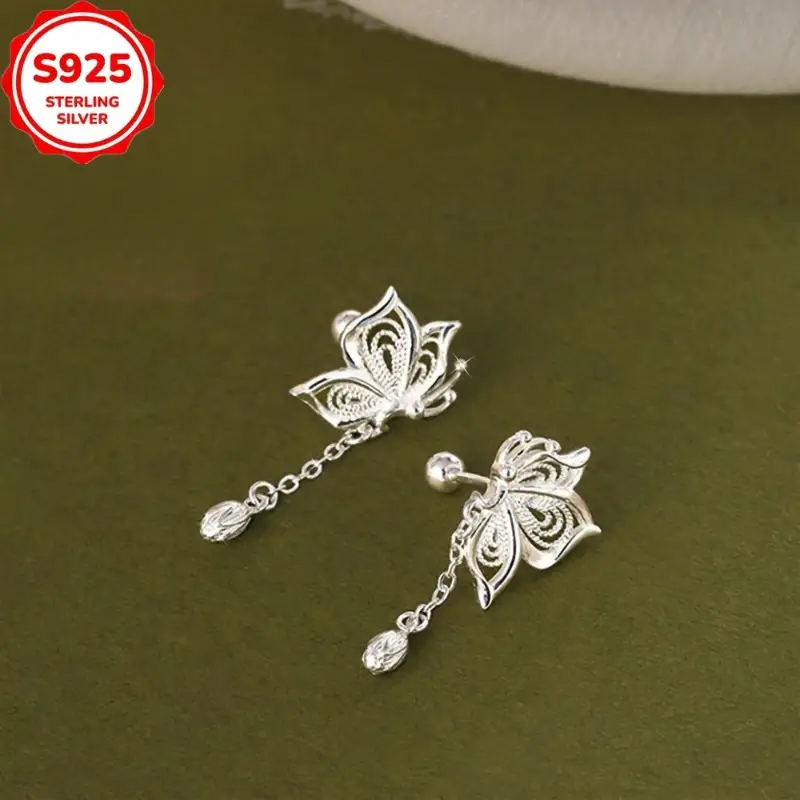 2pcs 925 sterling hollow flower bud chain tassel earrings suitable for daily party matching for ladies Product details 2