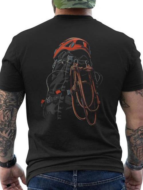 item picture mens heavyweight 100 climbing t shirt featuring a print design of a climber and backpack on the back black and orange outdoor durable short sleeve hiking shirt for an ideal gift for