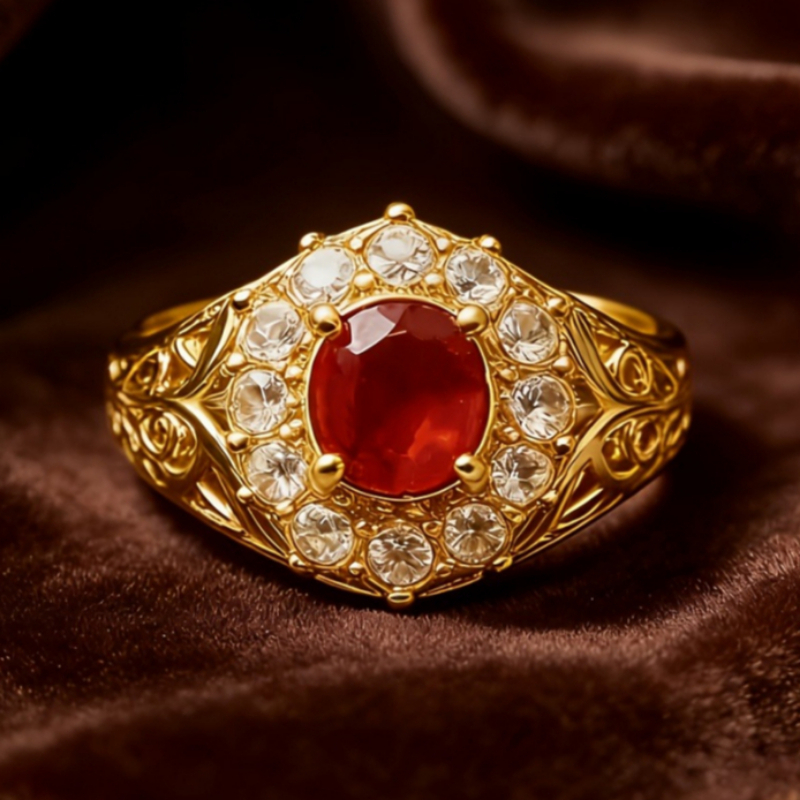 Women's Unique Red Stone Halo Ring, Golden Tone Filigree