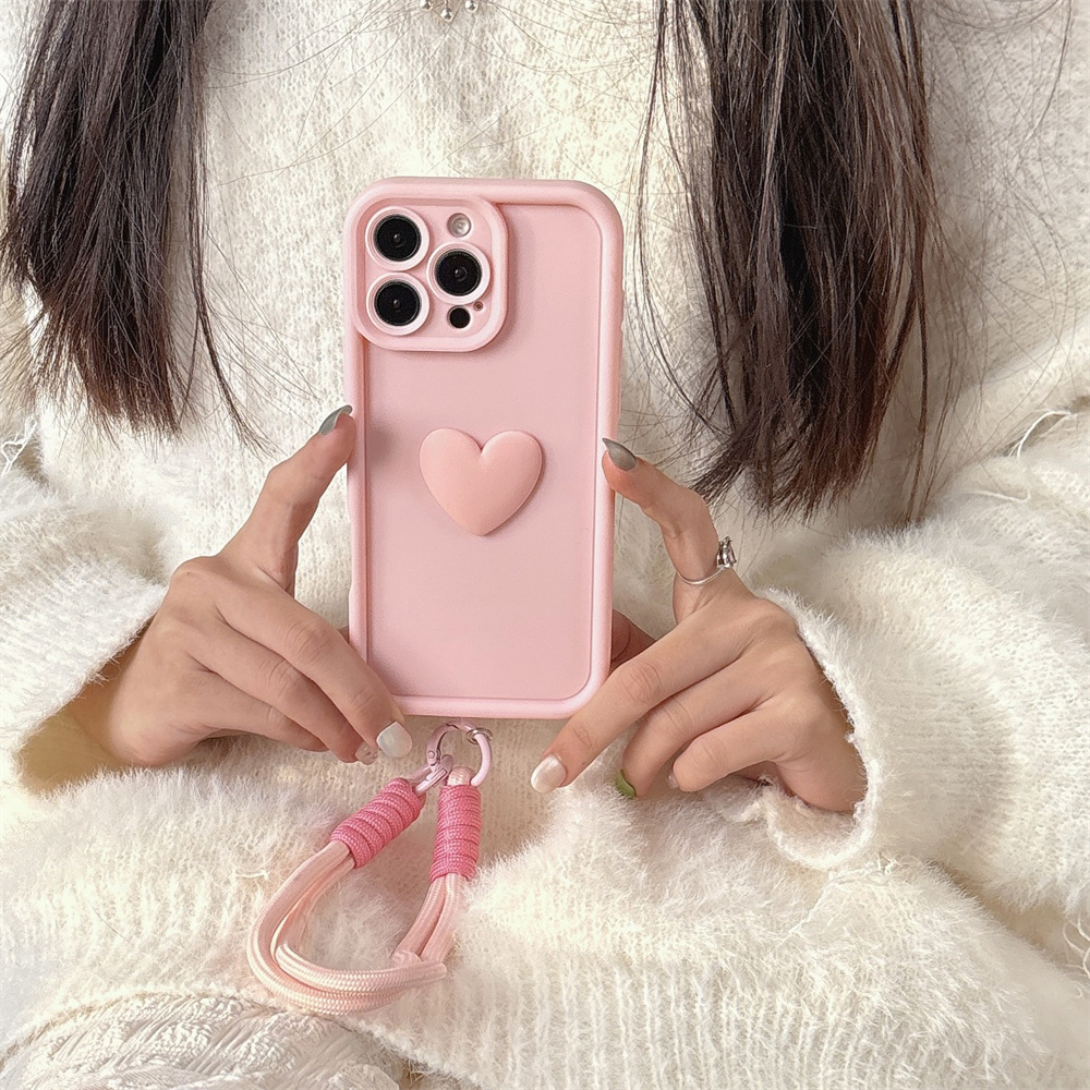 a pink tpu heart shaped phone case a wrist strap compatible Temu
