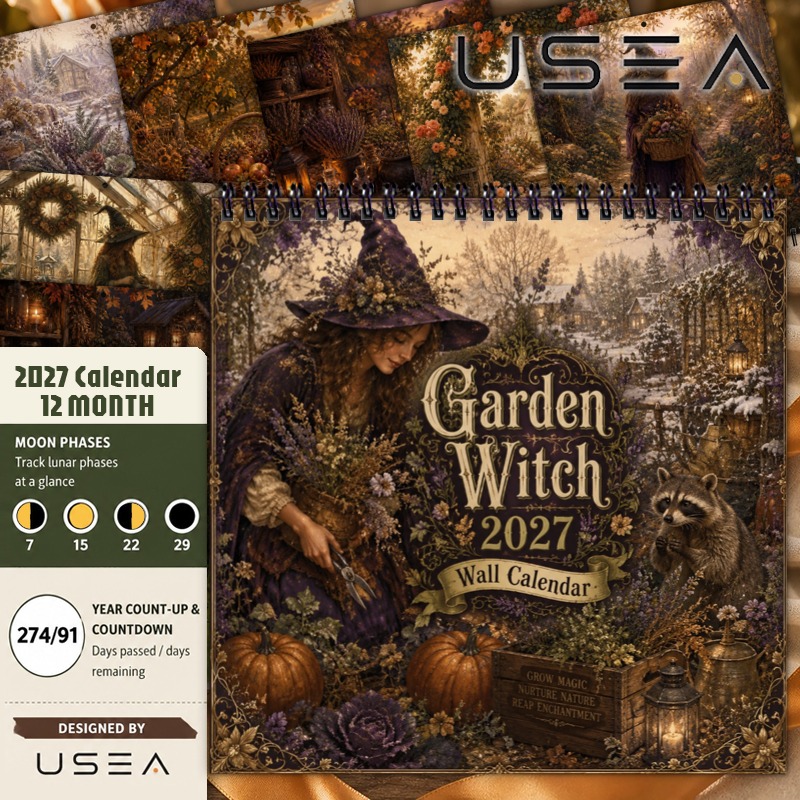   tuinheks wandkalender 2027 - 12-maanden jaarplanner met maanfasen, botanische bloemen spiraalbinding,   draad ophangkalender geschikt voor kantoor, decoratie - cadeau voor vrouwen,  , collega (engels)