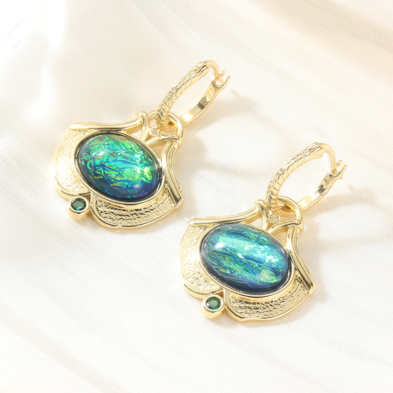 Chic Leaf-Patterned Earrings with Synthetic Blue-Green Opal Accents