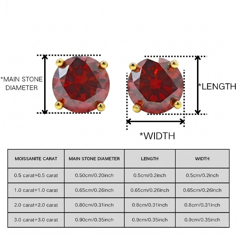 Women's 0.5/1/2/3 Carat 925 Silver Red Moissanite Stud Earrings