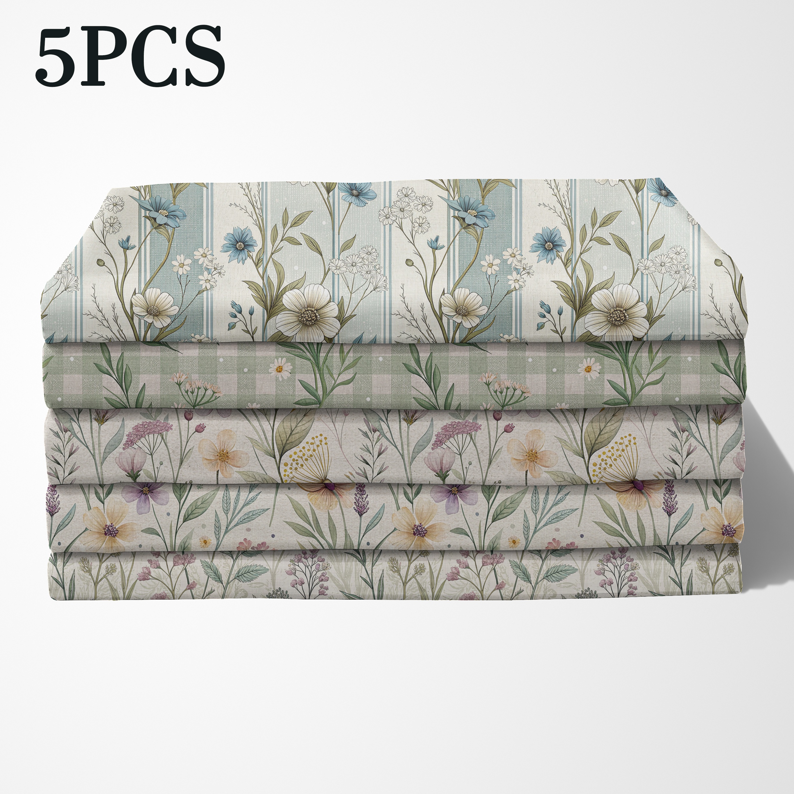 TEMU 5pcs Fabric Pre-cut Panels - 5 Different Designs Suitable For , Quilting, Diy Crafts With Creamy & Lavender/purple Watercolor Patterns, Mint