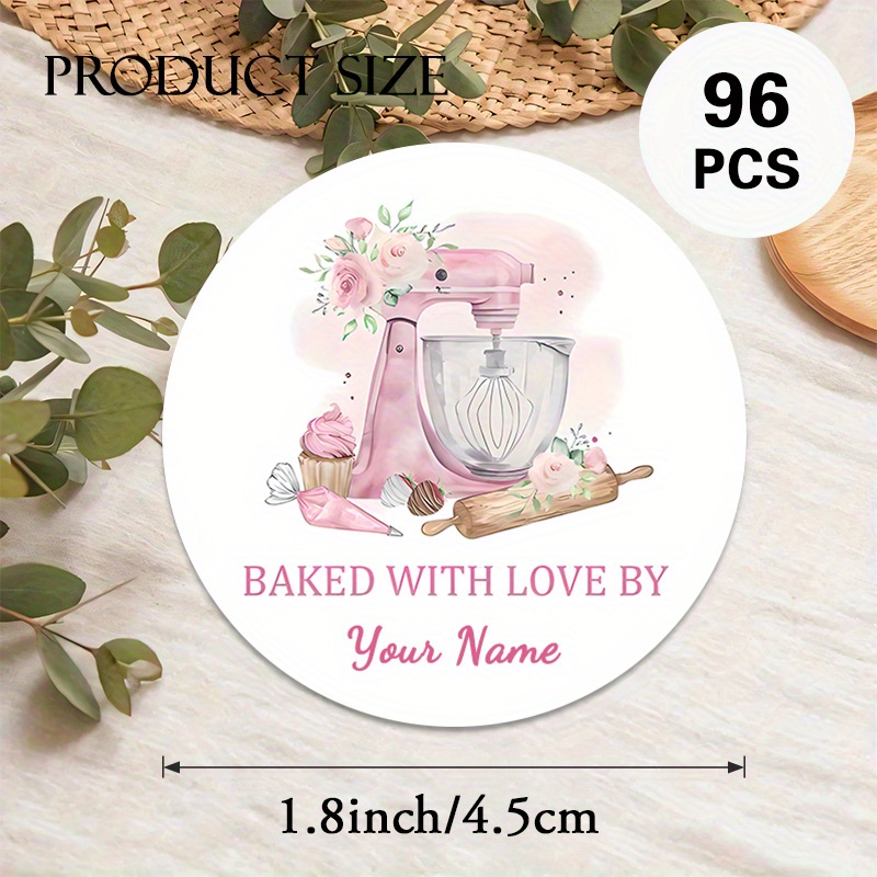 E-shop Personalisierte 48/96 Stück "" Runde Aufkleber, personalisierbarer Textinhalt, mit einem rosa Mixer- und Backzubehör-Design, ideal für
