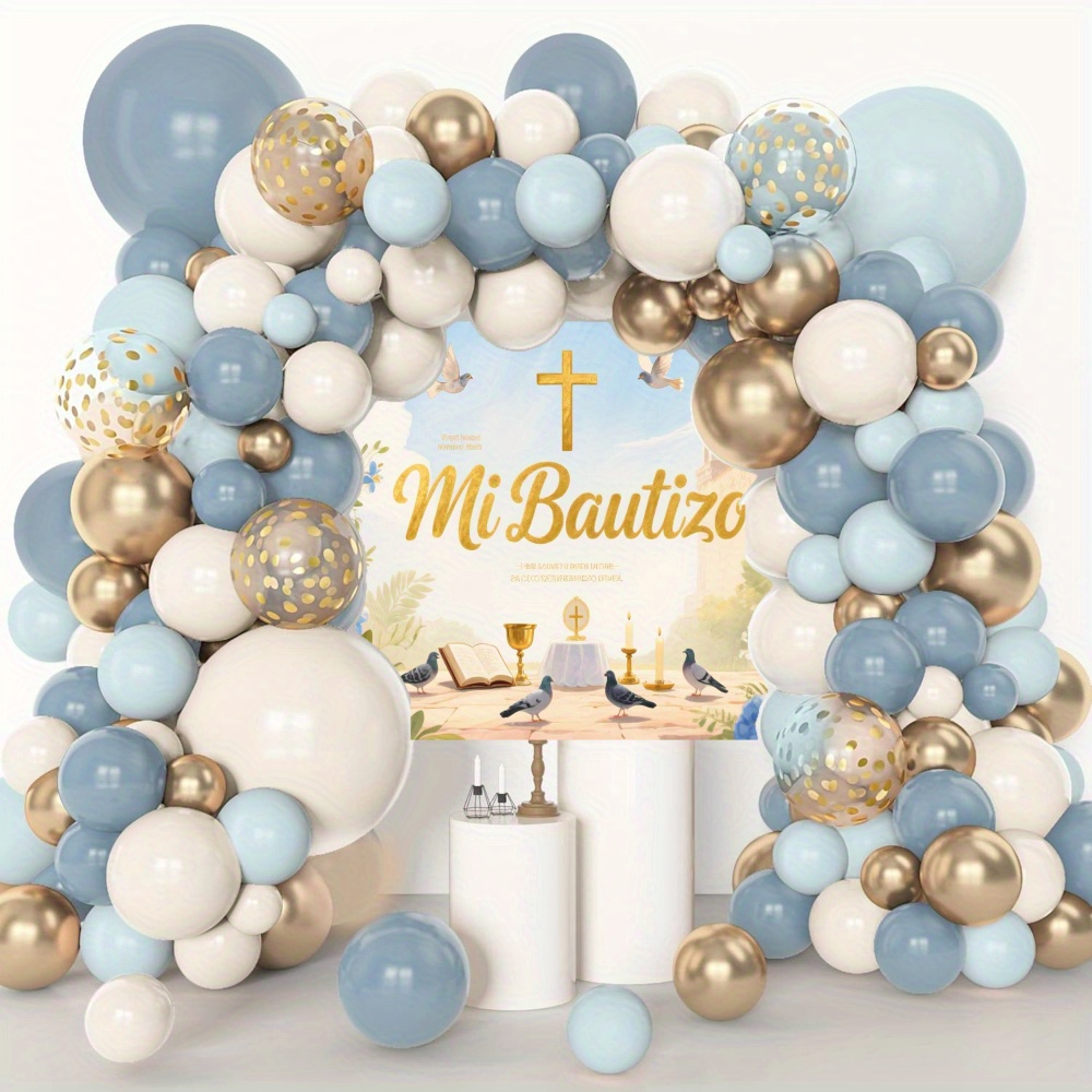 set de   de globos de 120 piezas en   y dorado para la   de  , con decoraciones para una   de bautizo, incluyendo guirnaldas de globos y accesorios fotográficos de   para  