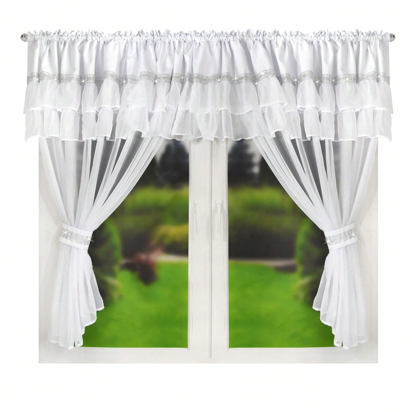 Elegant Sheer Curtains With Integrated Valance And Double Ruffle Trim, 1 Panel, 400x150cm, Light And , Perfect For Living Room And Bedroom