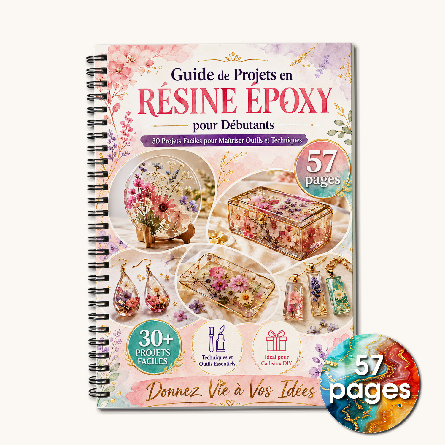 TEMU 1 cahier sur un thème, couverture en résine époxy florale séchée , guide pour débutants en art de la résine de 57 pages, tutoriel pour plateaux,