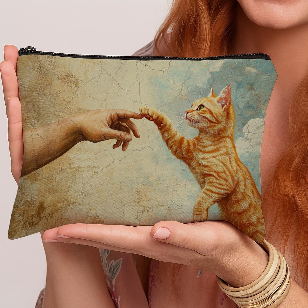 TEMU 1pc Humorous Cat Makeup Bag - Satirical Version By Adam, Zippered Multi-functional Travel Toiletry Pouch With Floral Pattern, Convenient Makeup