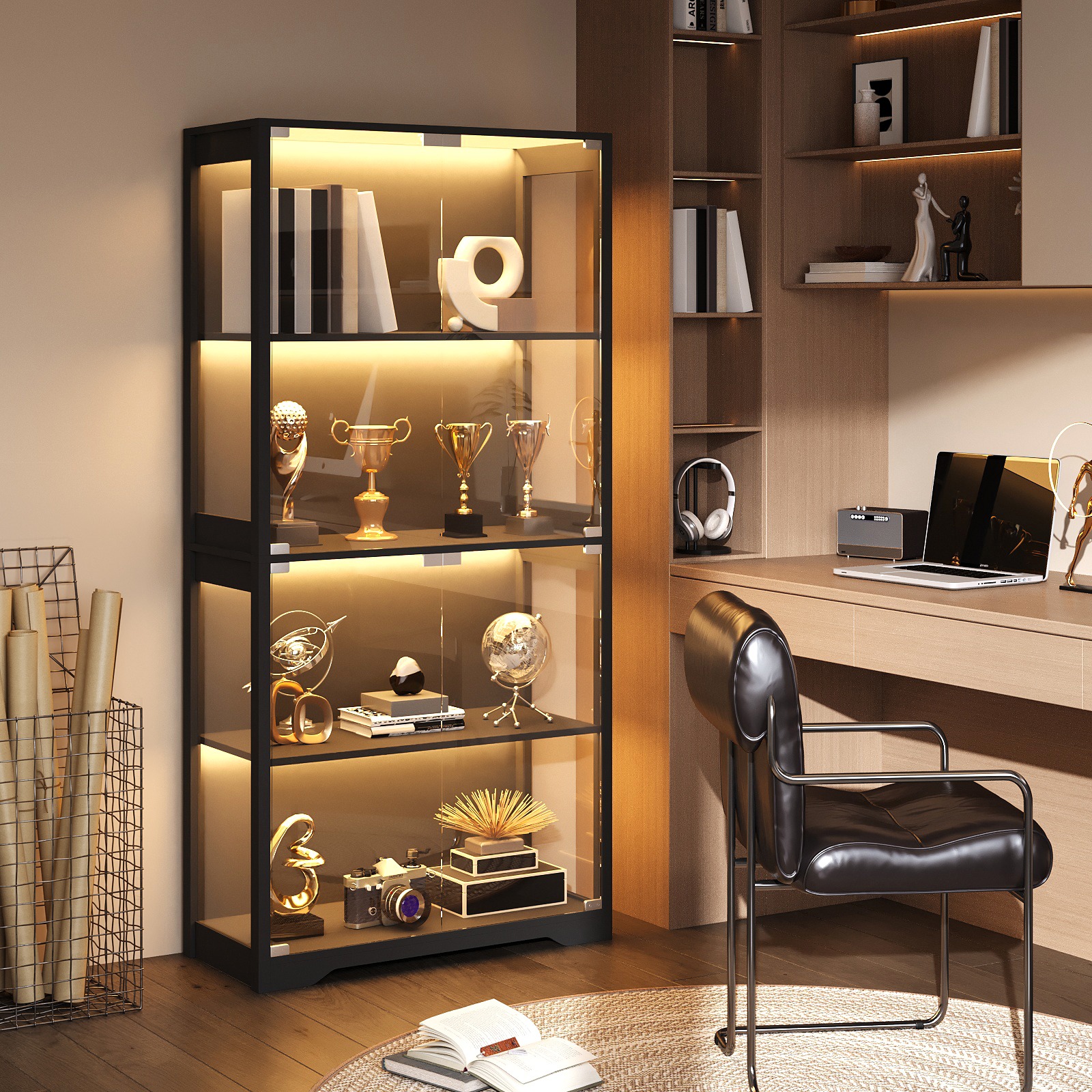 TEMU Estantería de vidrio de 4 niveles - Gabinete de almacenamiento con luces LED de y sensor de movimiento - para libros, decoración, oficina,