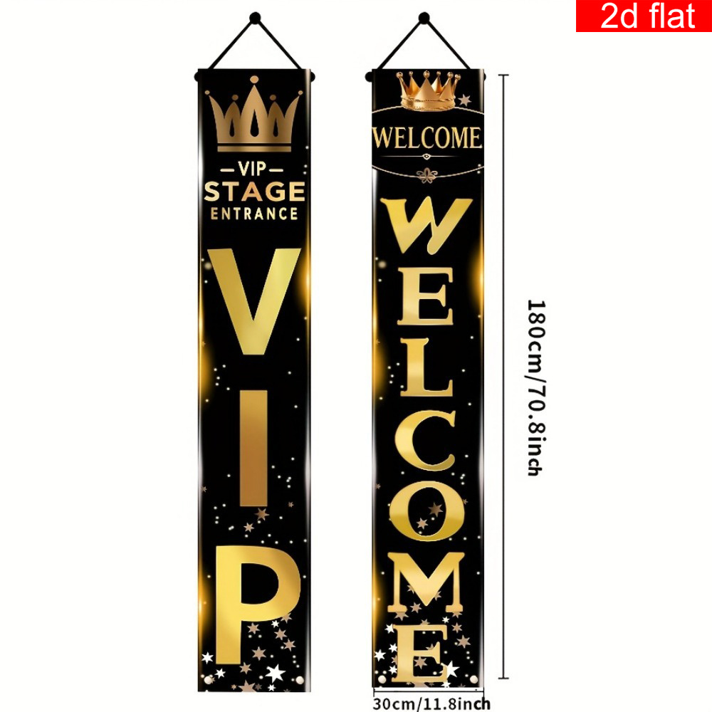 TEMU 2D Plat, Elegant Zwart Gouden Filmavond Banner met Kroon & Ster Decoraties - Geschikt voor VIP Feesten, Bioscoop Thema Deurdecoratie, Hangende