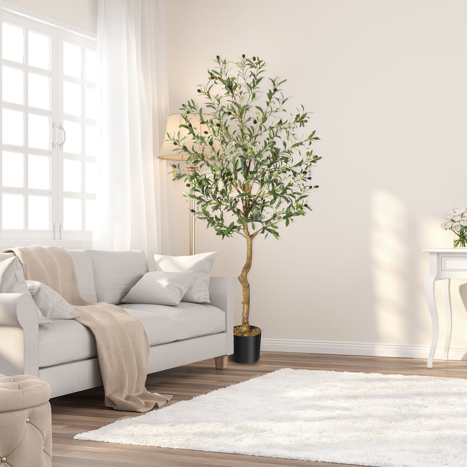 Image of Realistic Artificial Olive Tree With Fake Olives & Fruits - Tall Potted Plant Suitable For, Office, Mediterranean Decor, Plastic Olive Tree With Branches And Fruits, Low-maintenance Decoration