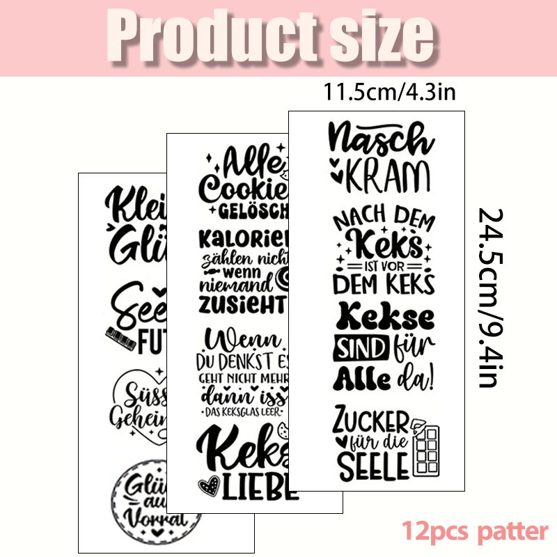 Image of 12pcs German Food Themed Fun Quote Uv Transfer Stickers, Suitable For Glass Cups, Mugs, Cycling Helmets, Photo Frames, Wheels, Door And Window Surfaces, High-quality And Durable Stickers
